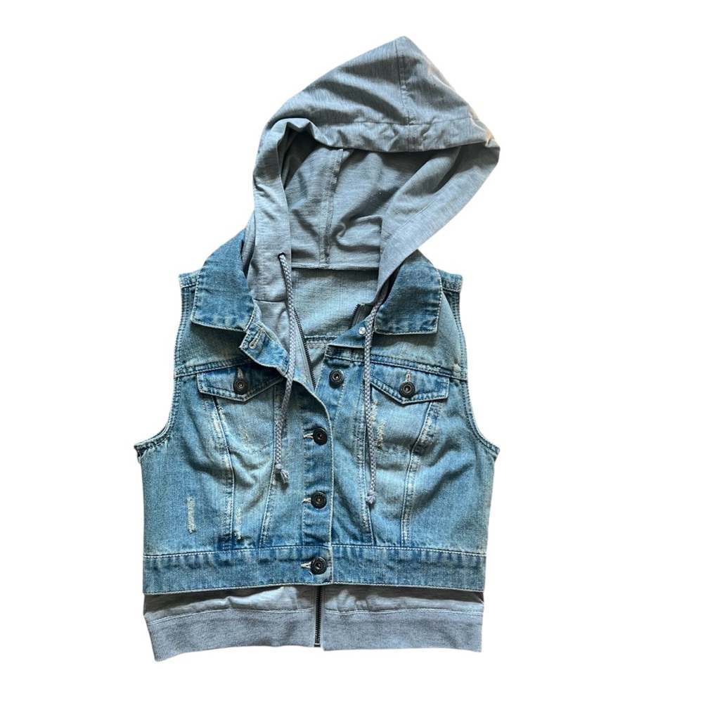 Light Denim Gray Hood Zip Button Vest Size S(2)